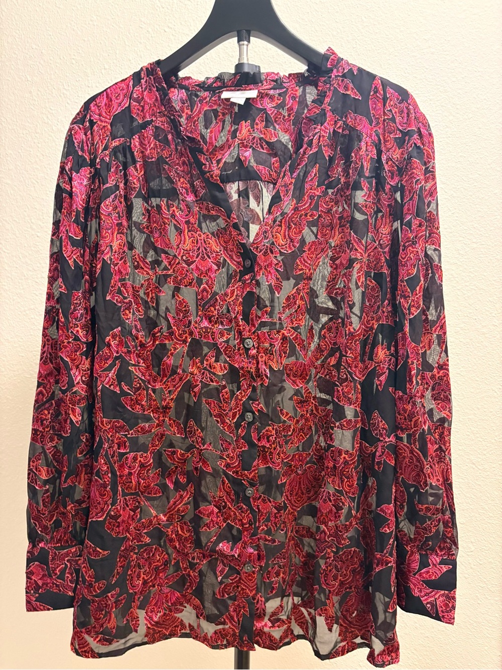 J. Jill Black Sheer Button-Down Blouse with Red Paisley Print